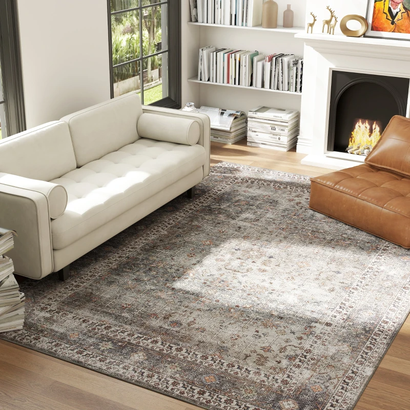 HOMCOM Machine Washable Area Rug 8x10, Non-Slip Traditional Floor Cover Foldable Carpet for Living Room, Dark Mixed-Brown