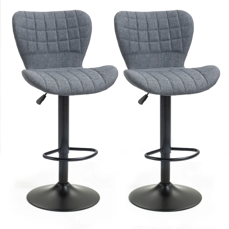 HOMCOM Bar Stools Set of 2, Adjustable Height Swivel Bar Chairs, Linen-feel Fabric Upholstered Kitchen Counter Stools with Wide Seat, Back and Footrest, Grey