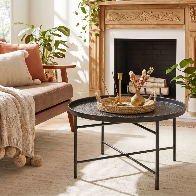 HOMCOM Coffee Table for Living Room, 24" Round Center Table with Hammered Tray Top and Metal Frame for Bedroom, Pewter