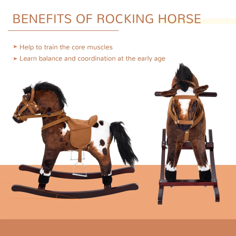 Qaba Kids Wooden Plush Ride-On Rocking Horse Chair Toy with Realistic Sounds Dark Brown/White