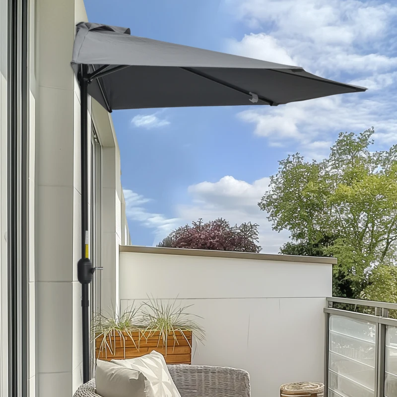 Outsunny 9.8ft Half Umbrella Semi Round Patio Parasol with Crank Handle, Top Vent for Garden, Balcony- NO BASE INCLUDED, Grey