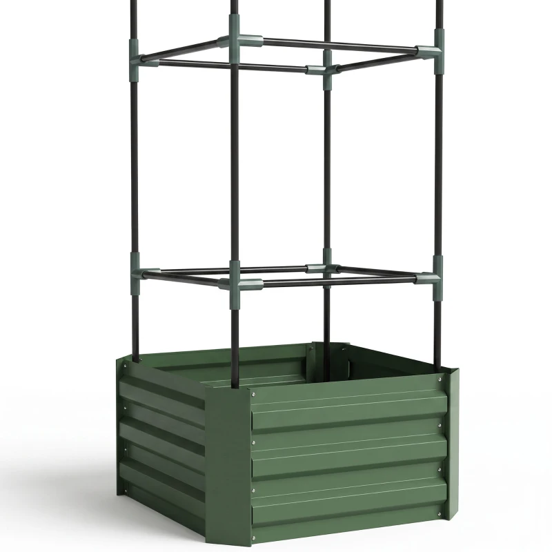 Outsunny Galvanized Planter Box, Outdoor Raised Garden Bed with 3-Tier Trellis Tomato Cage for Climbing Vines, Vegetables, Green