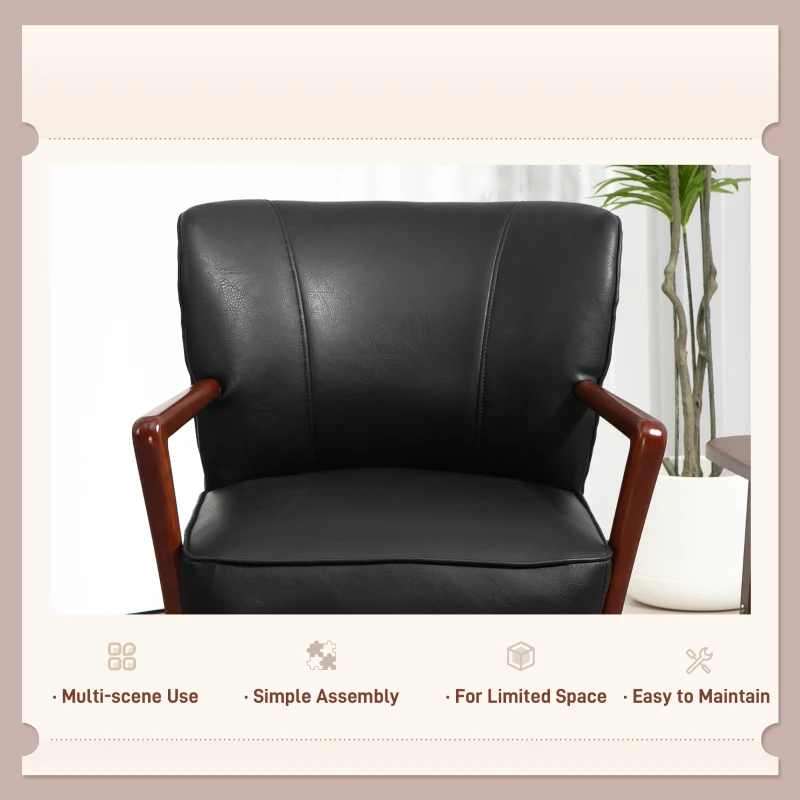 HOMCOM Accent Chair, Modern Armchair, Faux Leather Upholstered Living Room Chair with Wood Legs and Wide Padded Seat, Black