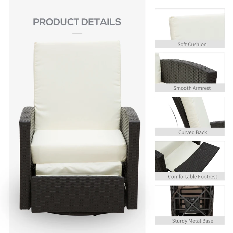 Outsunny Outdoor Wicker Swivel Recliner Chair, Reclining Backrest, Lifting Footrest, 360° Rotating Basic, Water Resistant Cushions for Patio, Cream White