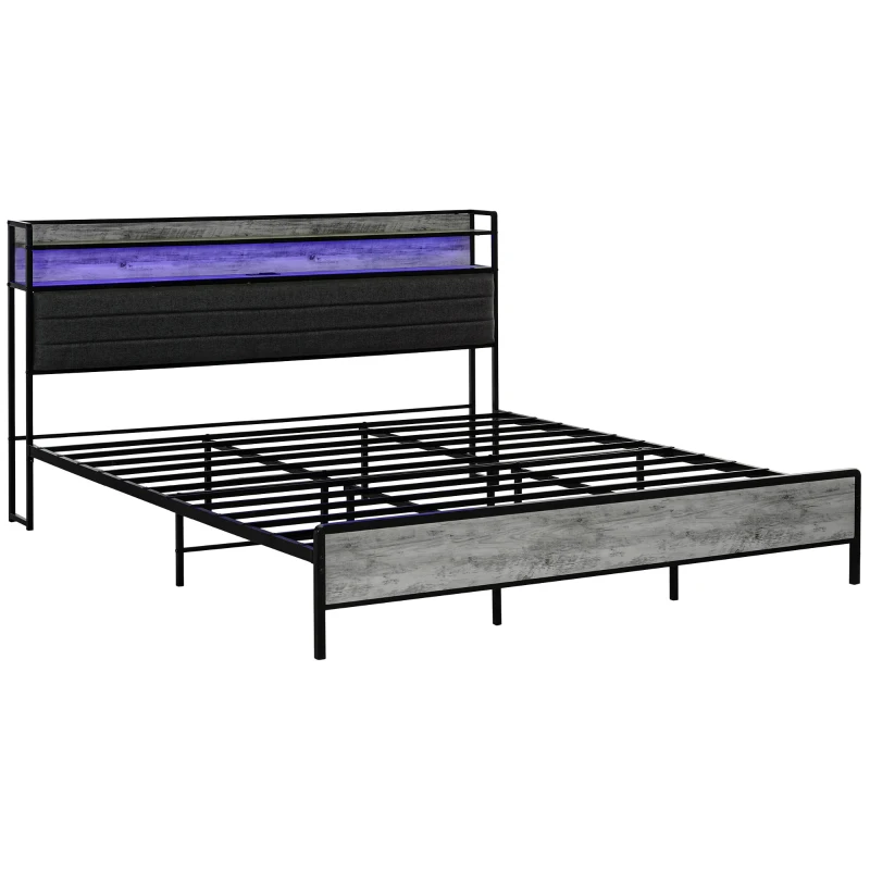 HOMCOM King Bed Frame with Storage Upholstered Headboard, King Size Bed Frame with LED Lights, Charging Station, Cement Gray
