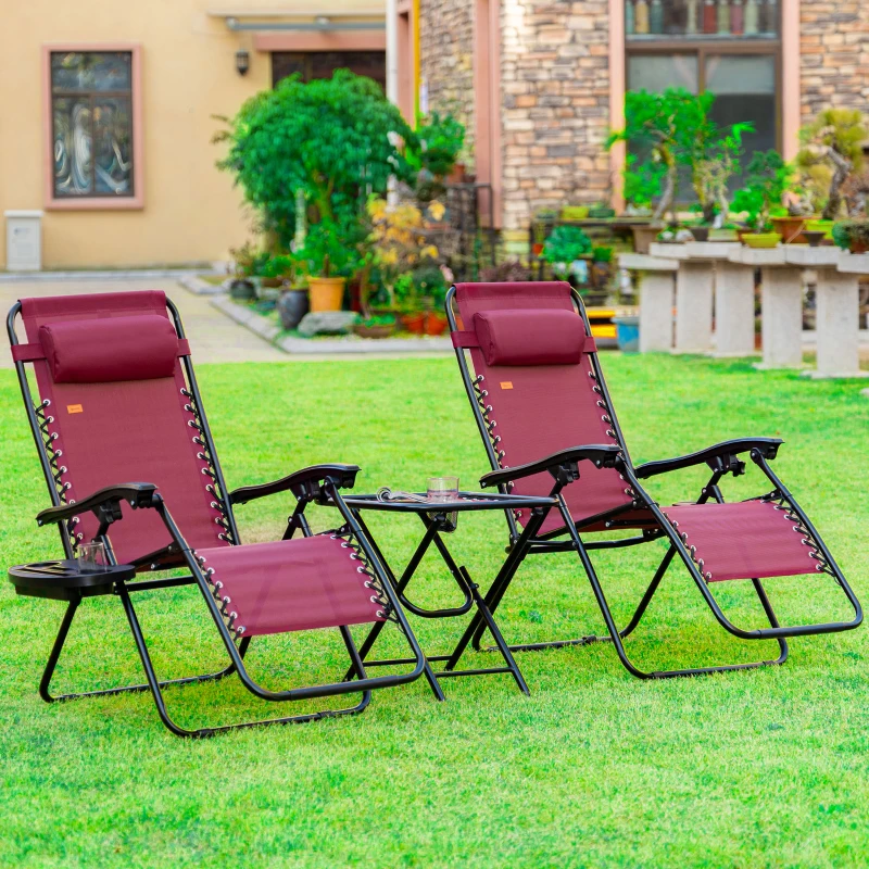 Outsunny Zero Gravity Chair Set with Side Table, Folding Reclining Chair with Cupholders & Pillows, Adjustable Lounge Chairs for Pool, Backyard, Lawn, Beach, Wine Red