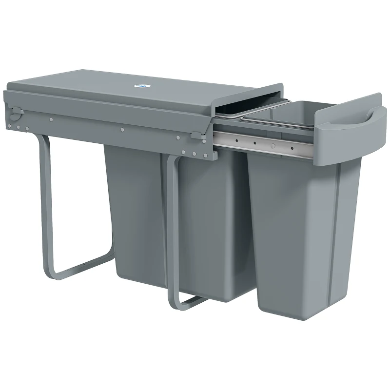 HOMCOM Pull Out Garbage Bin for Kitchen, 7.9 Gallon (30 L) Under Sink Garbage Can, 2 Removable Compartments, Grey