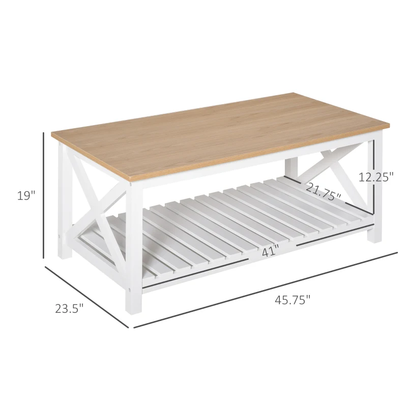 HOMCOM Farmhouse Style Coffee Table with X Bar Frame, Open Slat Wooden Bottom Shelf, Natural/White