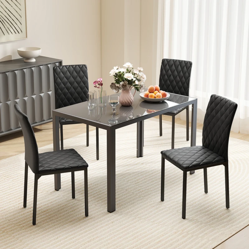 HOMCOM Modern Dining Chairs Set of 4, Upholstered Faux Leather Kitchen Chairs with Rhombic Tufting and Metal Legs for Living Room, Black
