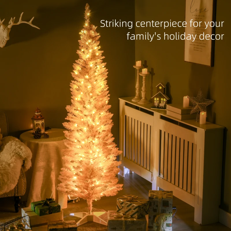 HOMCOM 6' Pre Lit Artificial Pencil Christmas Trees, Xmas Tree with Realistic Branches and Warm White LED Lights, Pink