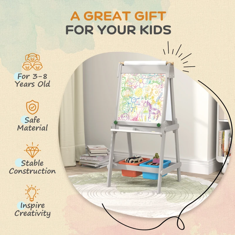 Qaba Easel for Kids, Art Easel w/ Paper Roll, Double Sided Whiteboard & Chalkboard with 2 Storage Boxes