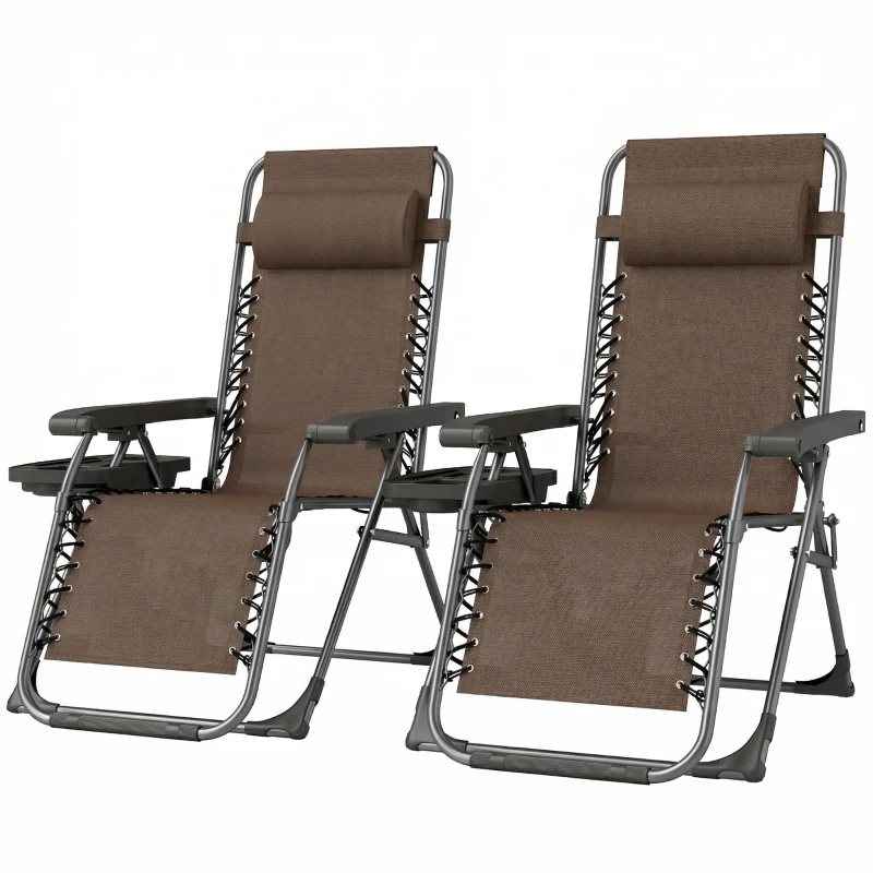 Outsunny Zero Gravity Chair Set of 2, Folding Reclining Outdoor Lounge Chair with Cup Holder, Headrest, Brown