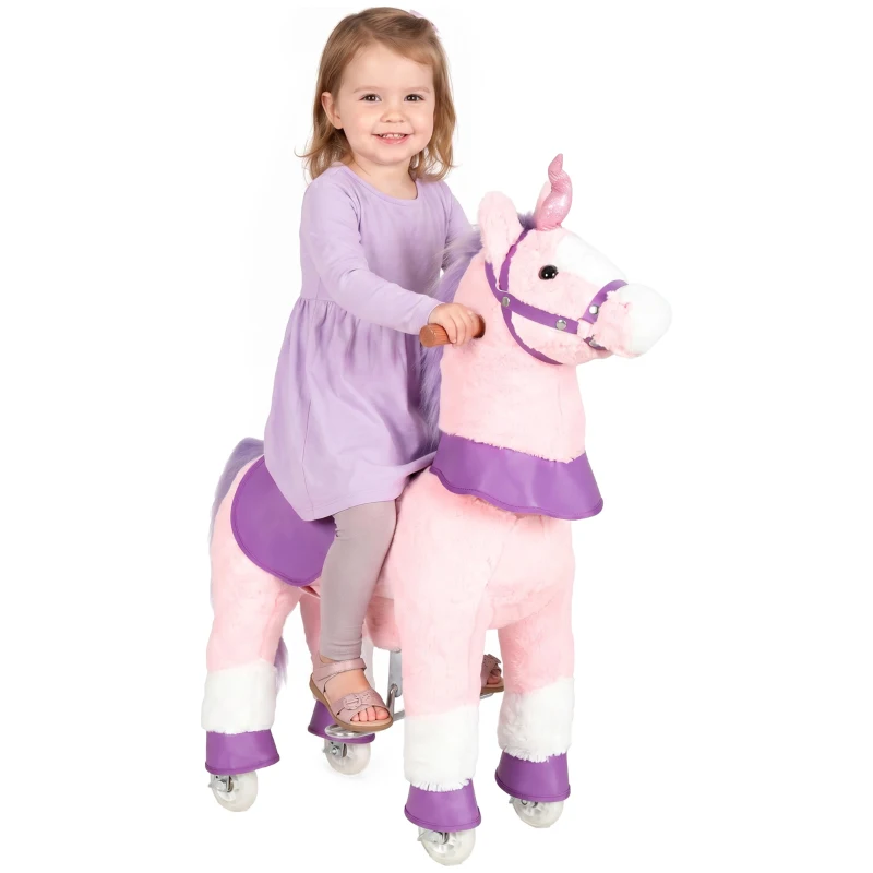 Qaba Ride on Horse for Kids 2+ Years, 29.5" Height Plush Ride On Pony Riding Horse with Rotatable Head and Sounds, Pink