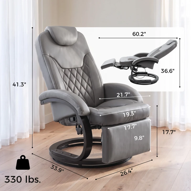 HOMCOM Faux Leather Manual Recliner, Swivel Lounge Chair with Adjustable Backrest, Footrest and Round Base, Gray