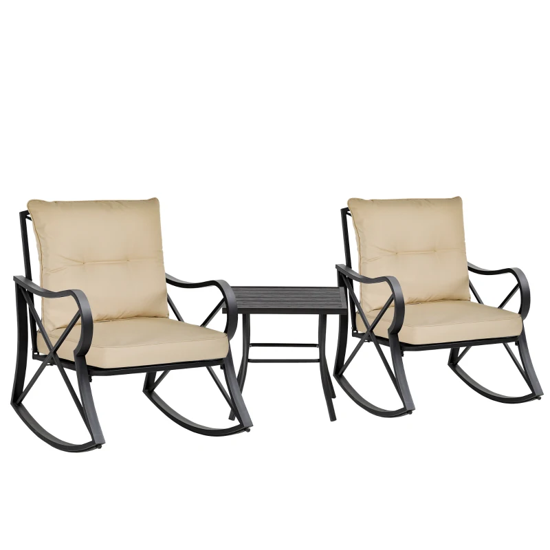 Outsunny 3-Piece Patio Bistro Set Outdoor Rocking Coffee Table Chair Set with Curved Base, Soft Cushions, Steel Frame, Beige