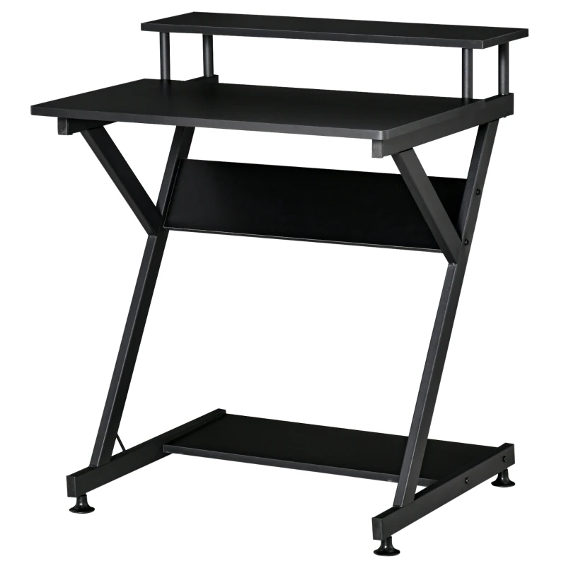 HOMCOM 28" Compact Computer Desk, Industrial Z-Shaped Writing Desk with Monitor Shelf and Storage, Workstation for Home Office, Black