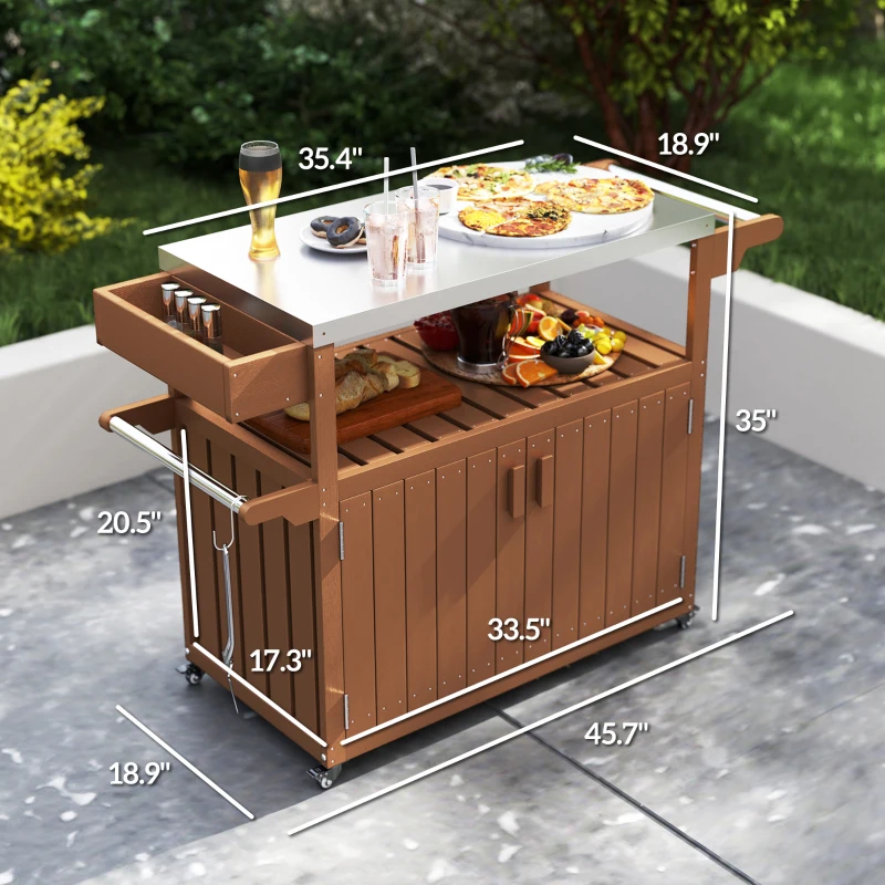 Outsunny Outdoor Bar Cart with Storage, Stainless Steel Outdoor Bar Table Top, Wheeled HDPE Kitchen Island for Food Prep, Brown