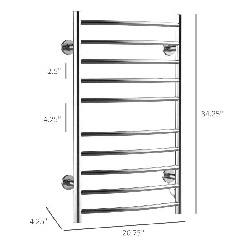 HomCom 10-Bar Stainless Steel Wall Mounted Electric Heated Towel Rack Warmer