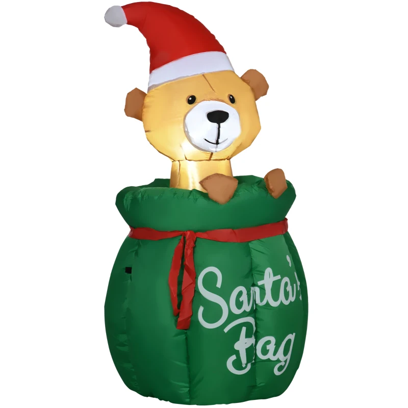HOMCOM 4.5 ft. Christmas Inflatables Outdoor Decorations Bear In Santa Claus Toy Bag, Blow-Up Holiday Yard Christmas Decor with LED