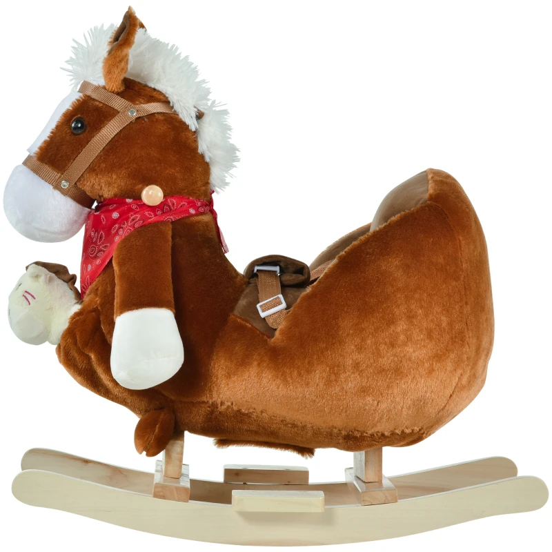 Qaba Baby Rocking Horse, Plush Animal Rocker for Toddlers Aged 18-36 Months, Stuffed Ride Toy with Hand Puppet, Sounds, Seat Belt, Brown