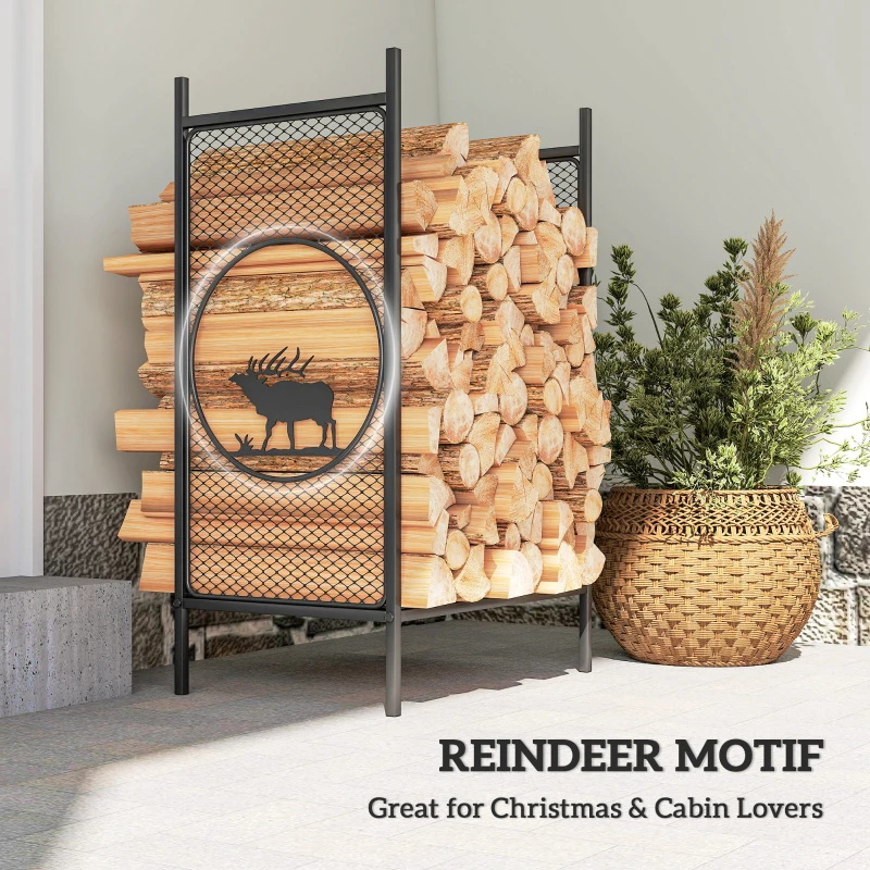 Outsunny Firewood Rack Outdoor, 19" Heavy Duty Metal Fireplace Log Holder with Mesh Sides and Decorative Deer Patterns