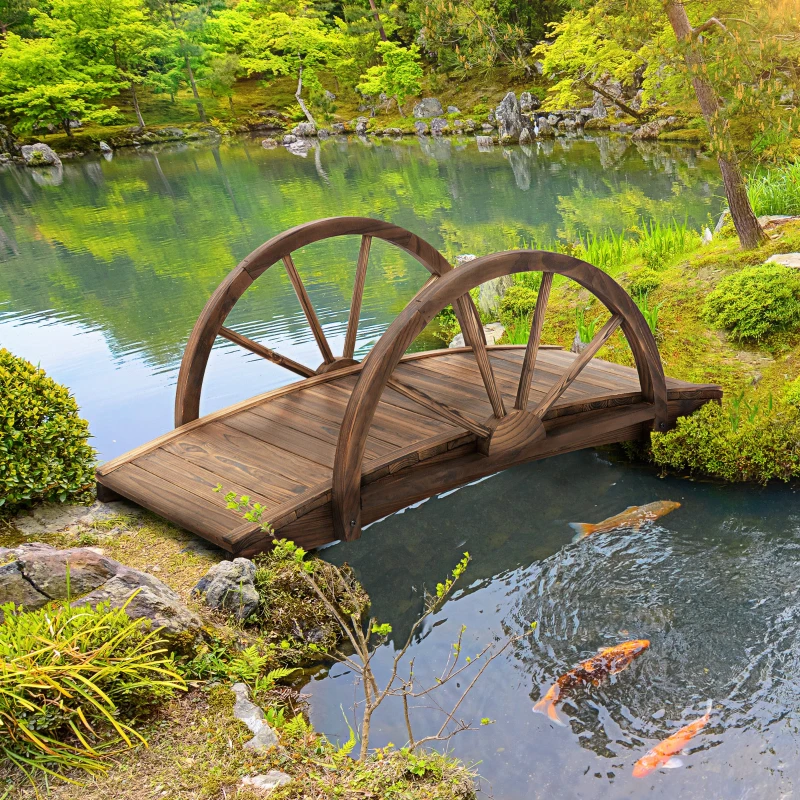 Outsunny 3.3ft Wooden Garden Bridge Arc Footbridge with Half-Wheel Style Railings & Solid Fir Construction, Stained Wood