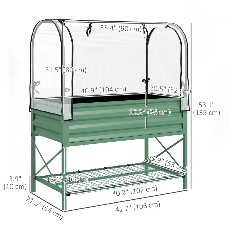 Outsunny Raised Garden Bed with Cover, Metal Elevated Planter Box with Bottom Shelf and Liner, Green