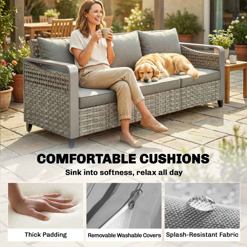 Outsunny Rattan Wicker Sofa 3-Seater Outdoor Couch with Cushions for Patio Garden Grey