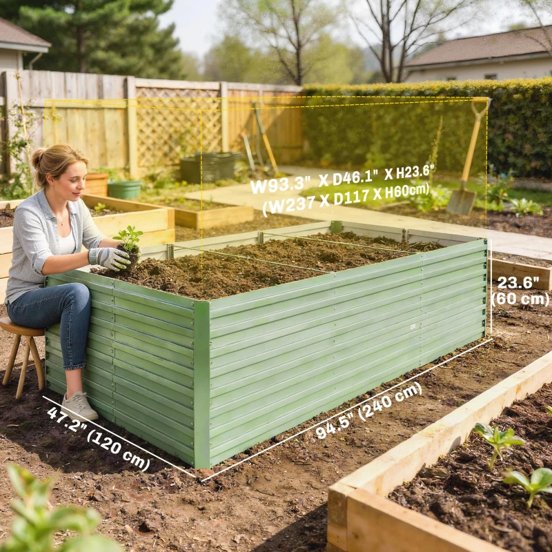 Outsunny 8 x 4 x 2ft Galvanized Raised Garden Bed, Reinforced Outdoor Planter Box with Open Bottom, Light Green