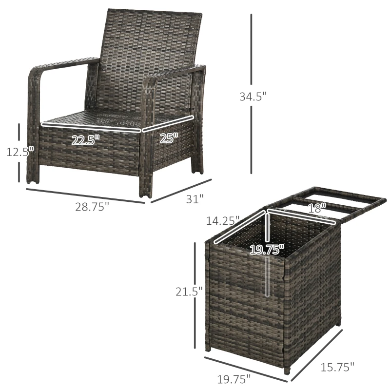 Outsunny 3 Piece Patio Furniture, PE Wicker Storage Table & Chairs, Beige