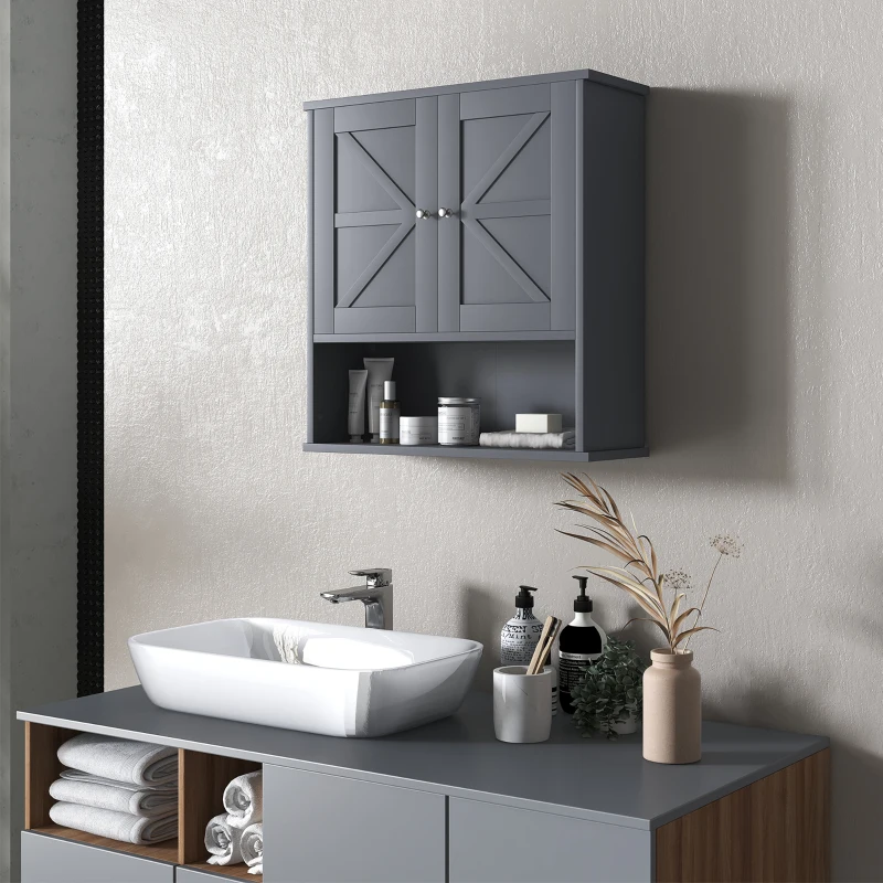 kleankin Farmhouse Bathroom Medicine Cabinet, Wall Cabinet with Barn Doors and Adjustable Shelf for Laundry Room, Gray