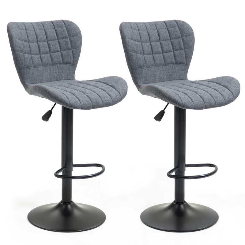HOMCOM Bar Stools Set of 2, Adjustable Height Swivel Bar Chairs, Linen-feel Fabric Upholstered Kitchen Counter Stools with Wide Seat, Back and Footrest, Grey