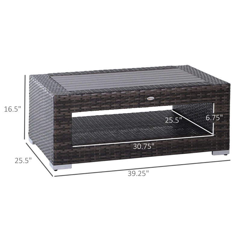 Outsunny Wicker Coffee Table with Height Adjustable Feet, 2 Tier Storage Shelf, Rattan Wicker Patio Table with Deluxe Slatted Top for Outdoor, Patio, Garden, Backyard, Mixed Grey