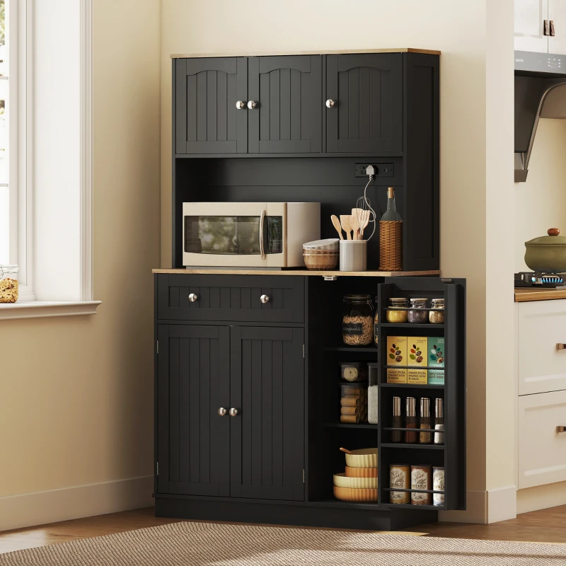 HOMCOM 68" Pantry Cabinet with Charging Station, Kitchen Storage Cabinet with Microwave Stand, 4 Door Racks, Black