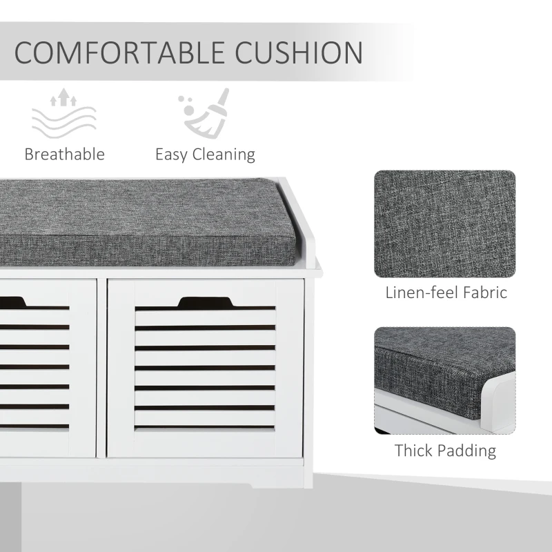 HOMCOM Upholstered Shoe Cabinet Storage Bench with Padded Cushion, with 3 drawer Enough Storage Space Bench Stool for Living Room Entryway Furniture, White