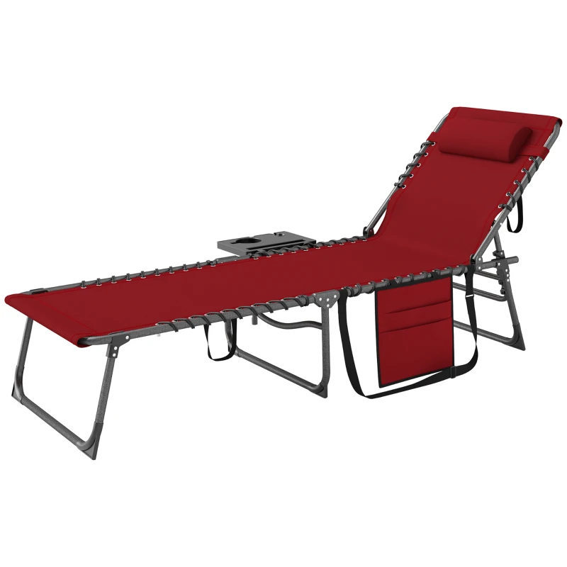 Outsunny Folding Lounge Chair, Outdoor Chaise Lounge Tanning Chair with Adjustable Back, Side Table, Headrest, Red