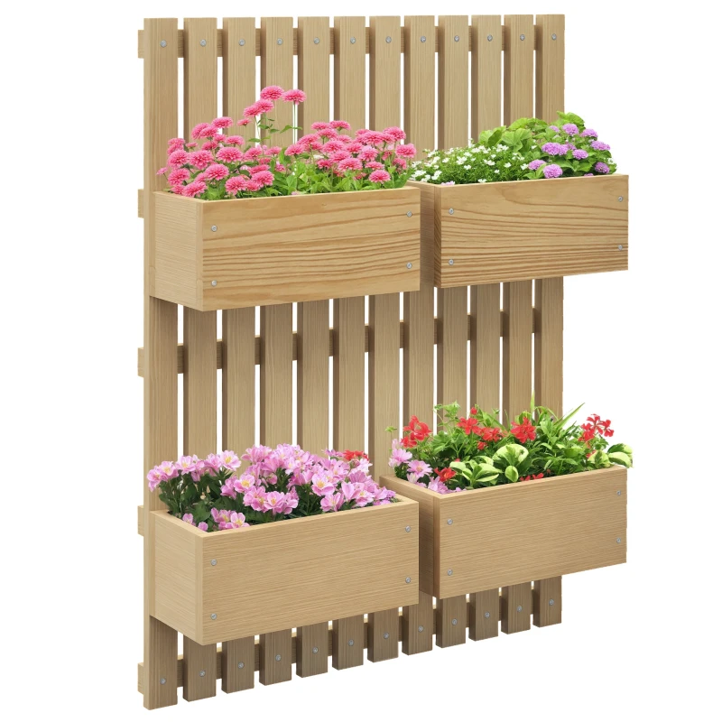 Outsunny 4 Box Raised Garden Bed w/ Trellis for Climbing Plants, Wall-Mounted Wood Planters w/ Drainage Holes, Natural
