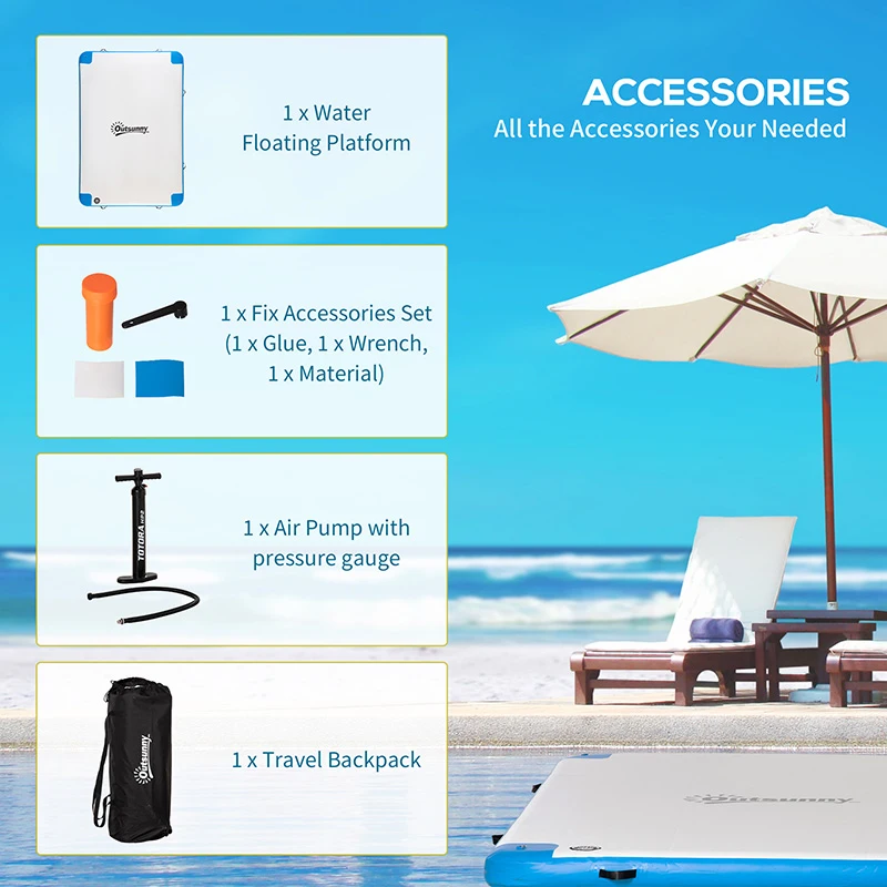 Outsunny 10 x 7ft Water Inflatable Floating Dock, Inflatable Platform Island, Large Floating Mat Raft with Air Pump & Backpack, for Pool, Beach, Ocean, White
