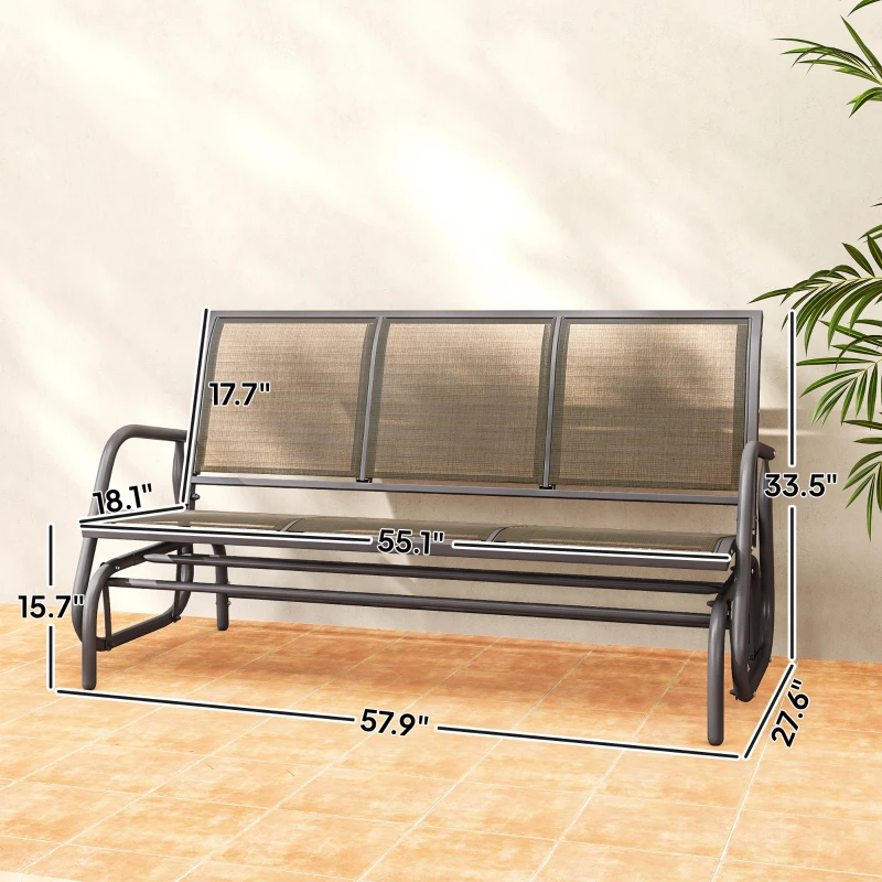 Outsunny 3-Person Outdoor Patio Glider Bench, Porch Glider Swing with 3 Seats, Breathable Mesh Fabric, Metal Frame, Brown