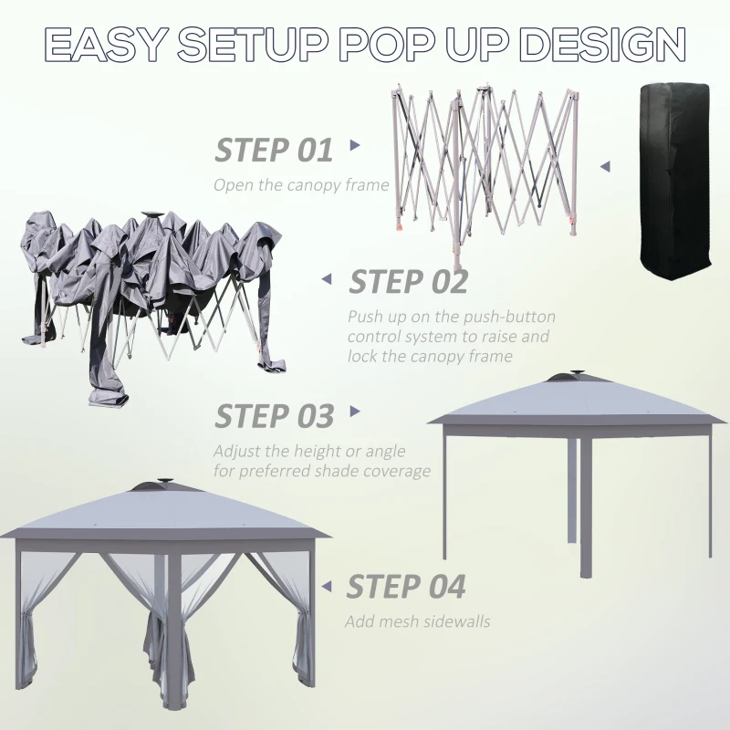 Outsunny 11' x 11' Pop Up Canopy, Instant Canopy Tent with Solar LED Lights, Remote Control, Zippered Mesh Sidewalls and Carrying Bag for Backyard Garden Patio, Gray