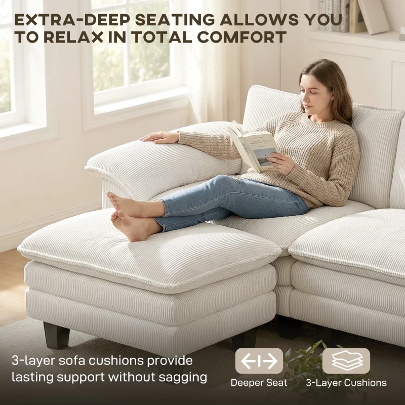 HOMCOM Sectional Sofa, L Shaped Couch with Deep Seat, Movable Ottoman and Pillow-top Armrests, Beige