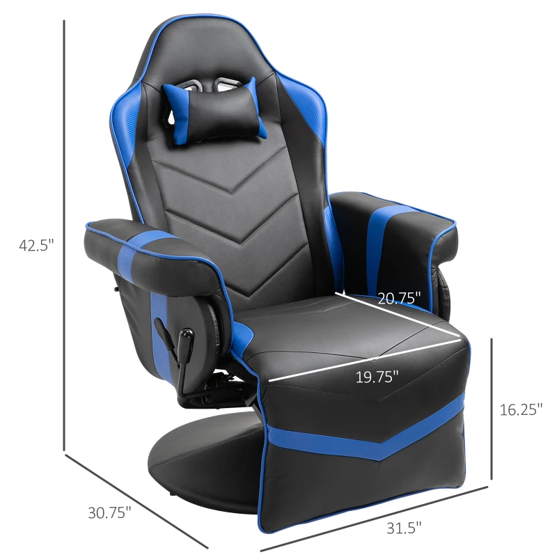 Vinsetto High Back Racing Style Gaming Chair, PU Leather Gamer Recliner Chair with Swivel Pedestal Base, Adjustable Footrest, and Head Pillow, Blue