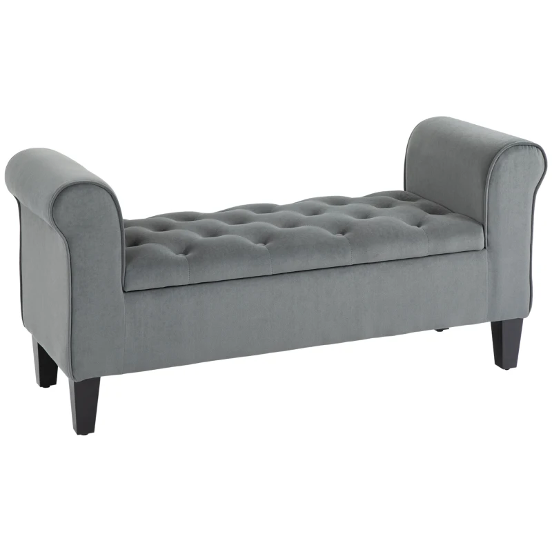 HOMCOM Button Tufted Storage Ottoman Bench, End of Bed Bench with Rolled Arms, Storage Chest for Living Room, Entryway, Grey