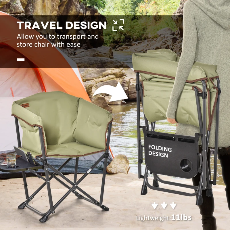 Outsunny Folding Camping Chair, Padded Director Chair with Side Table and Cup Holder, Portable for Picnic, Beach, Hiking, Travel, Green