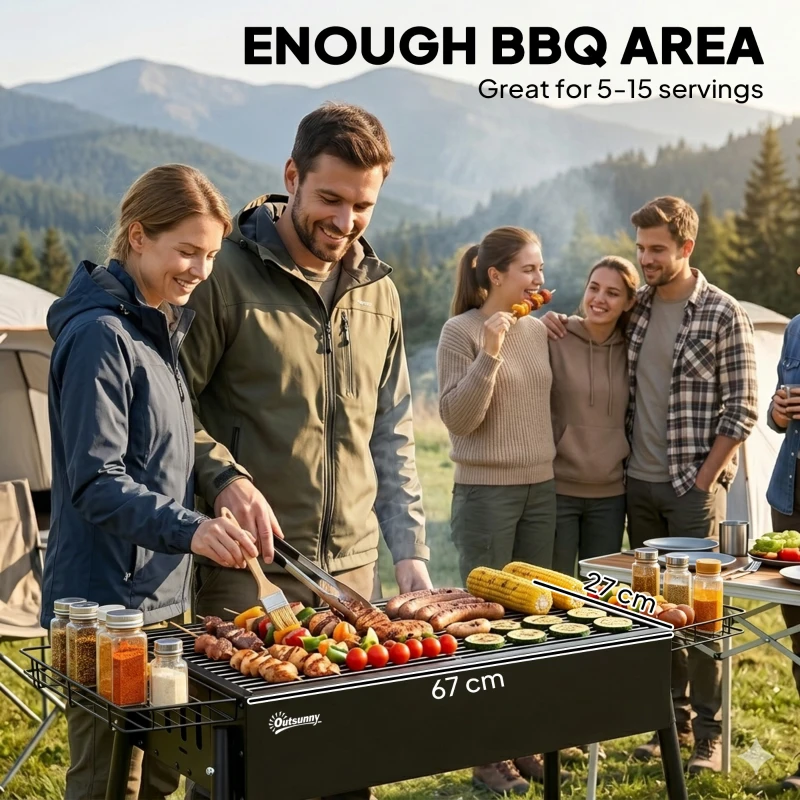 Outsunny Portable BBQ Grill, Charcoal Grill with Side Seasoning Baskets, Hooks and Nets for Outdoor, Picnic, Camping, Black