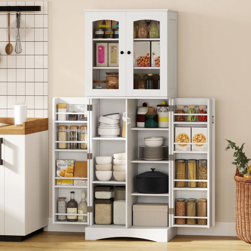 HOMCOM 64" Tall Kitchen Pantry Cabinet, Kitchen Cabinet with Soft-Close Acrylic Doors, 10 Shelves, 8 Door Racks, White