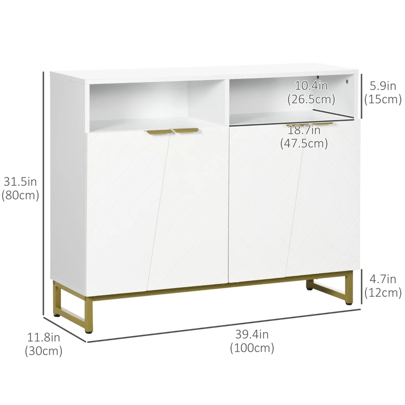 HOMCOM Accent Sideboards, Kitchen Storage Cabinet with 4 Doors, Adjustable Shelves, Metal Base for Living Room, Hallway, White