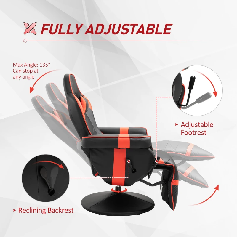 Vinsetto High Back Racing Style Gaming Chair, PU Leather Gamer Recliner Chair with Swivel Pedestal Base, Adjustable Footrest, and Head Pillow, Red