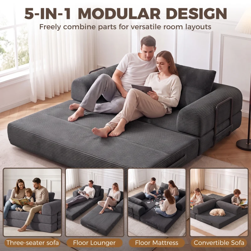 HOMCOM 5-in-1 Convertible Sofa Bed, L-Shaped Loveseat Reversible Sleeper Sofa with 2 Pillows, Dark Grey