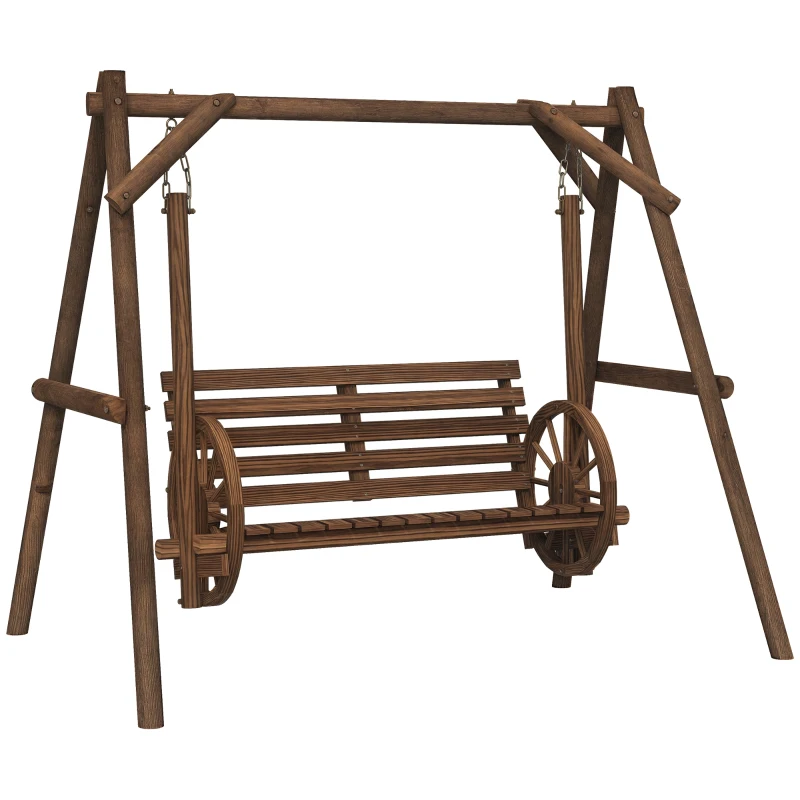 Outsunny 2-Seat Porch Swing with A-Frame Stand, Wooden Log Patio Swing Chair Bench with Wagon Wheel Armrests, Carbonized Brown